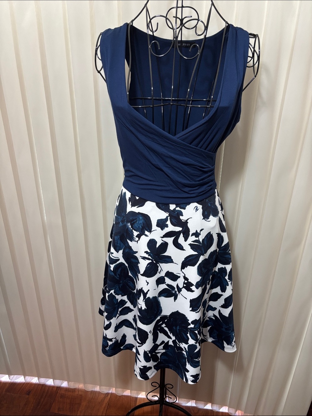Navy and White Floral Fit-and-Flare Dress